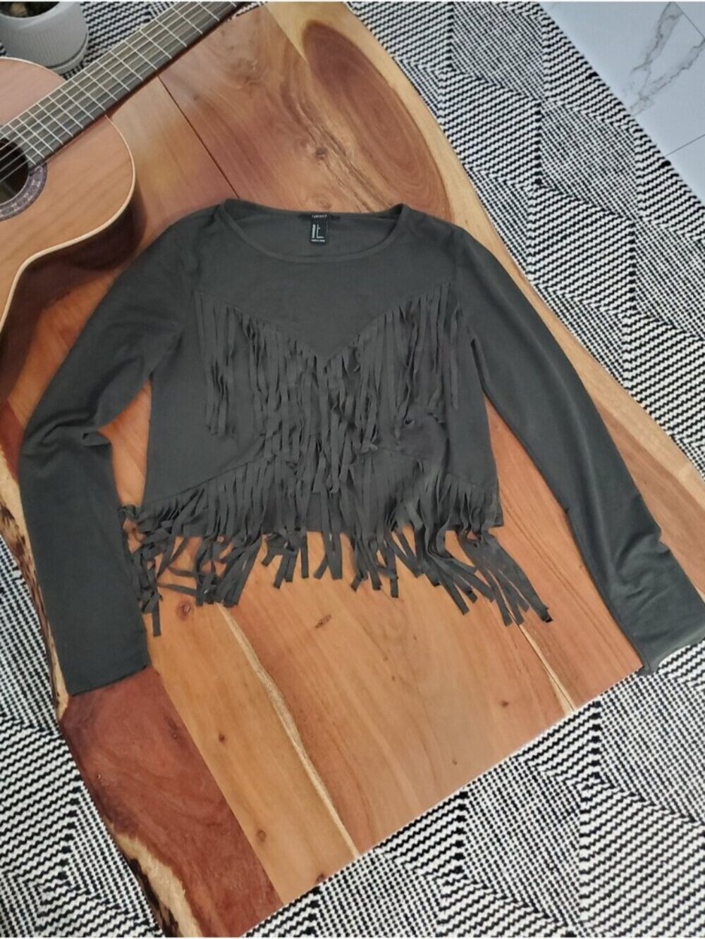 Vintage Y2K Fringe Tassel Microsuede Semi Crop Olive Green Western Country Top - Picture 3 of 5